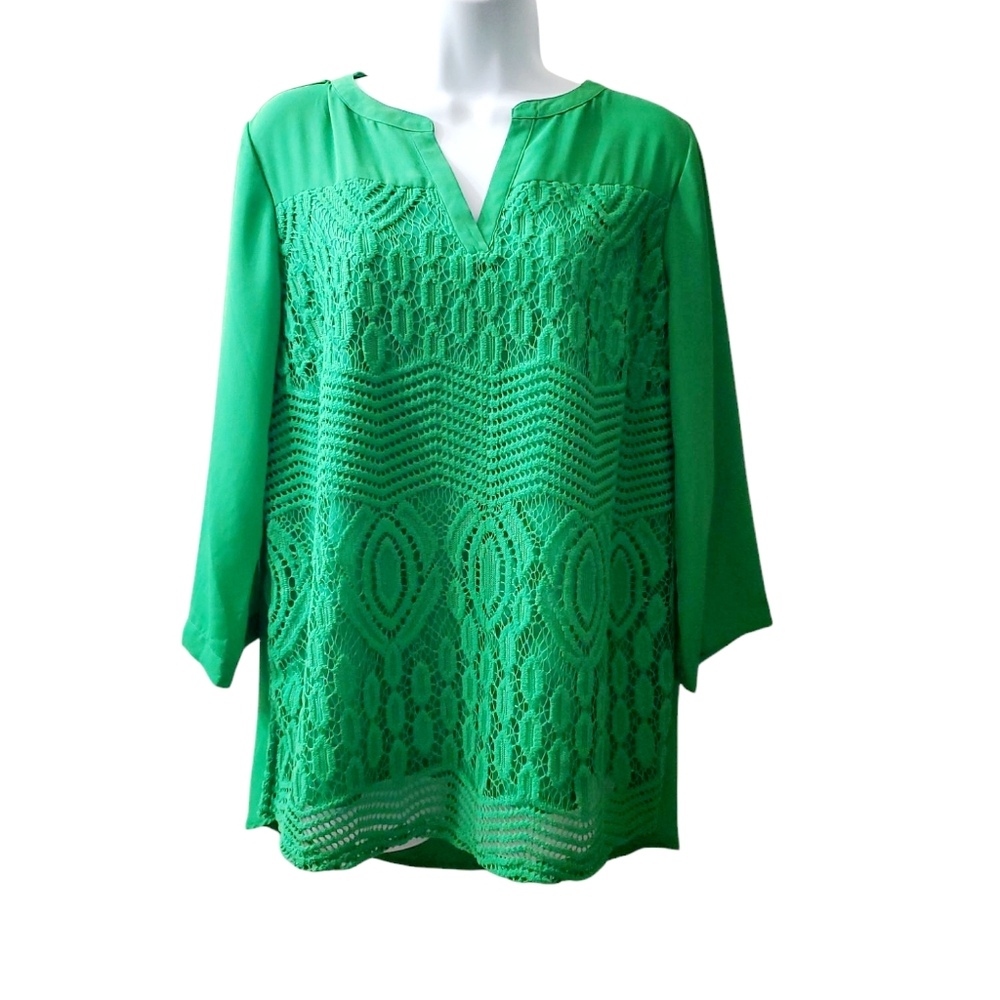 Valerie Stevens Womens Green Embroidered Tunic Dressy Blouse Top
